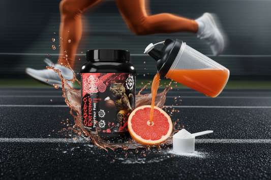 Meow Squad Nutrition Carbo Extreme 1000g Grapefruit – dynamic sports lifestyle shot on athletic track – Body Fuel Max Ireland