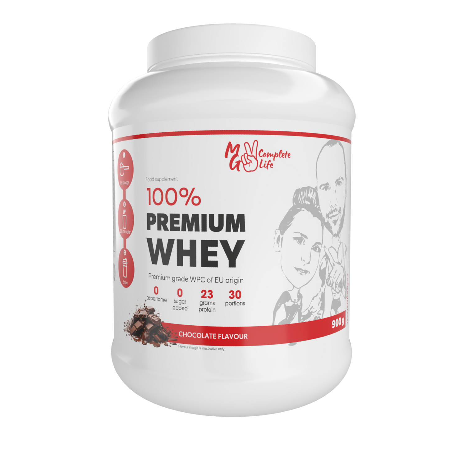 A container of 100% Premium Whey Protein in chocolate flavour, with a graphic of a person lifting weights and surrounded by chocolate pieces.