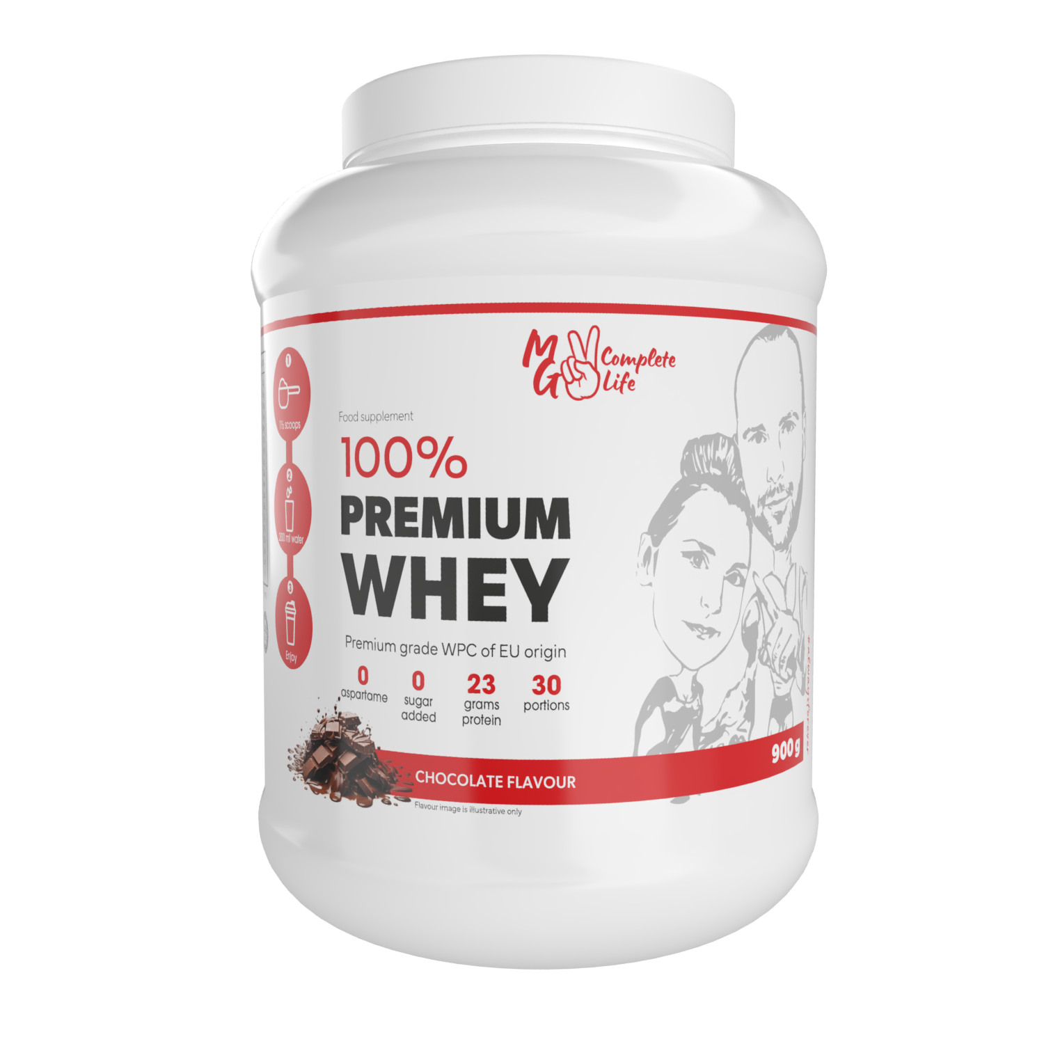 A container of 100% Premium Whey Protein in chocolate flavour, with a graphic of a person lifting weights and surrounded by chocolate pieces.
