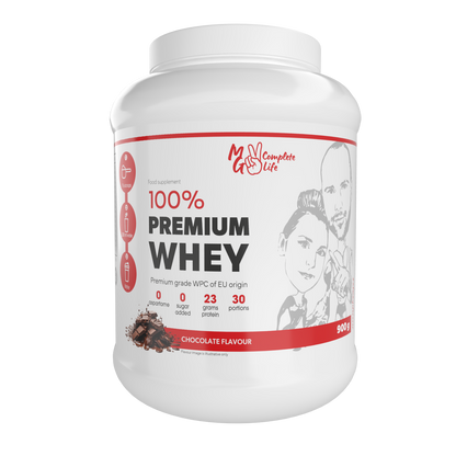 A container of 100% Premium Whey Protein in chocolate flavour, with a graphic of a person lifting weights and surrounded by chocolate pieces.