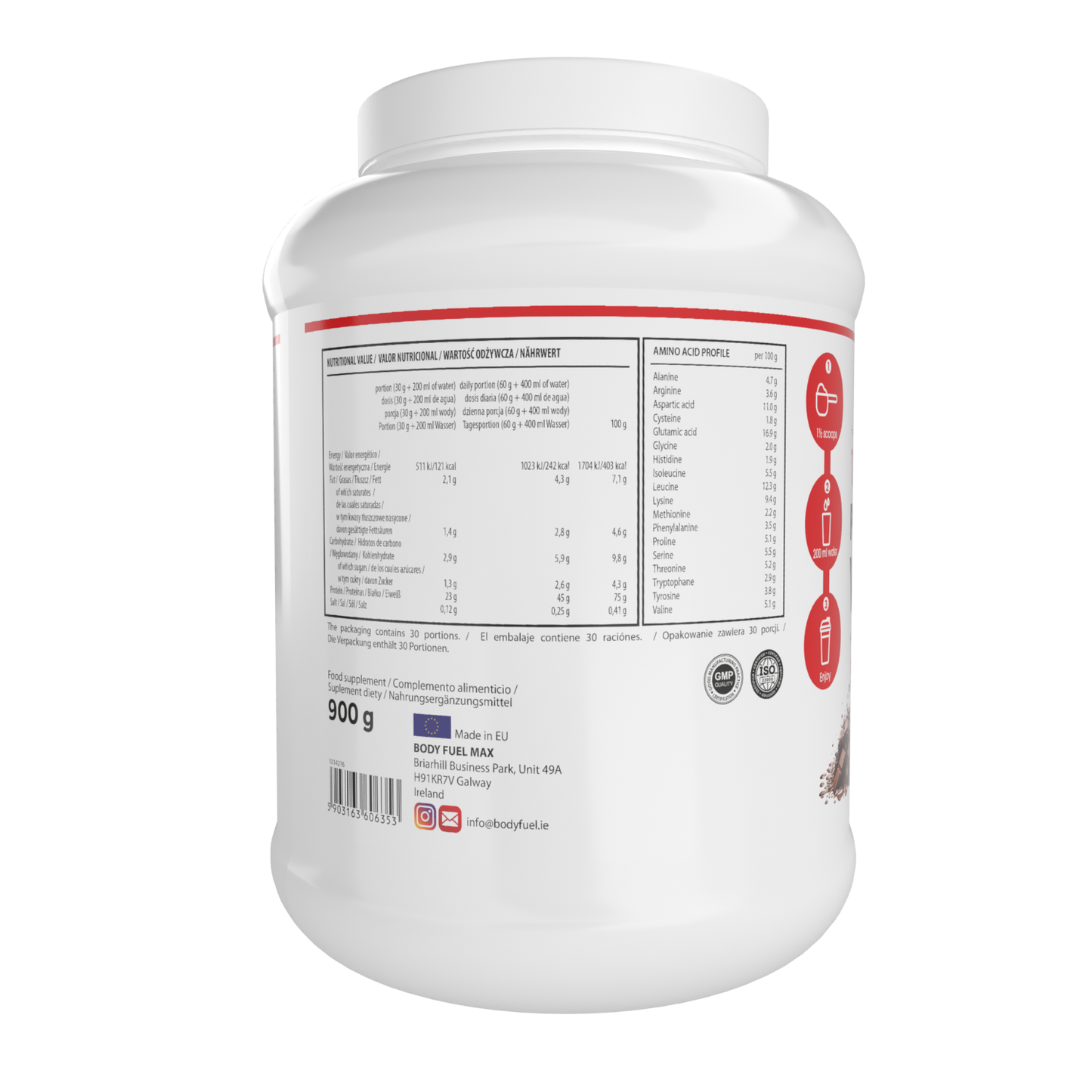 Whey Protein Chocolate 900g back label - ingredients and nutritional information