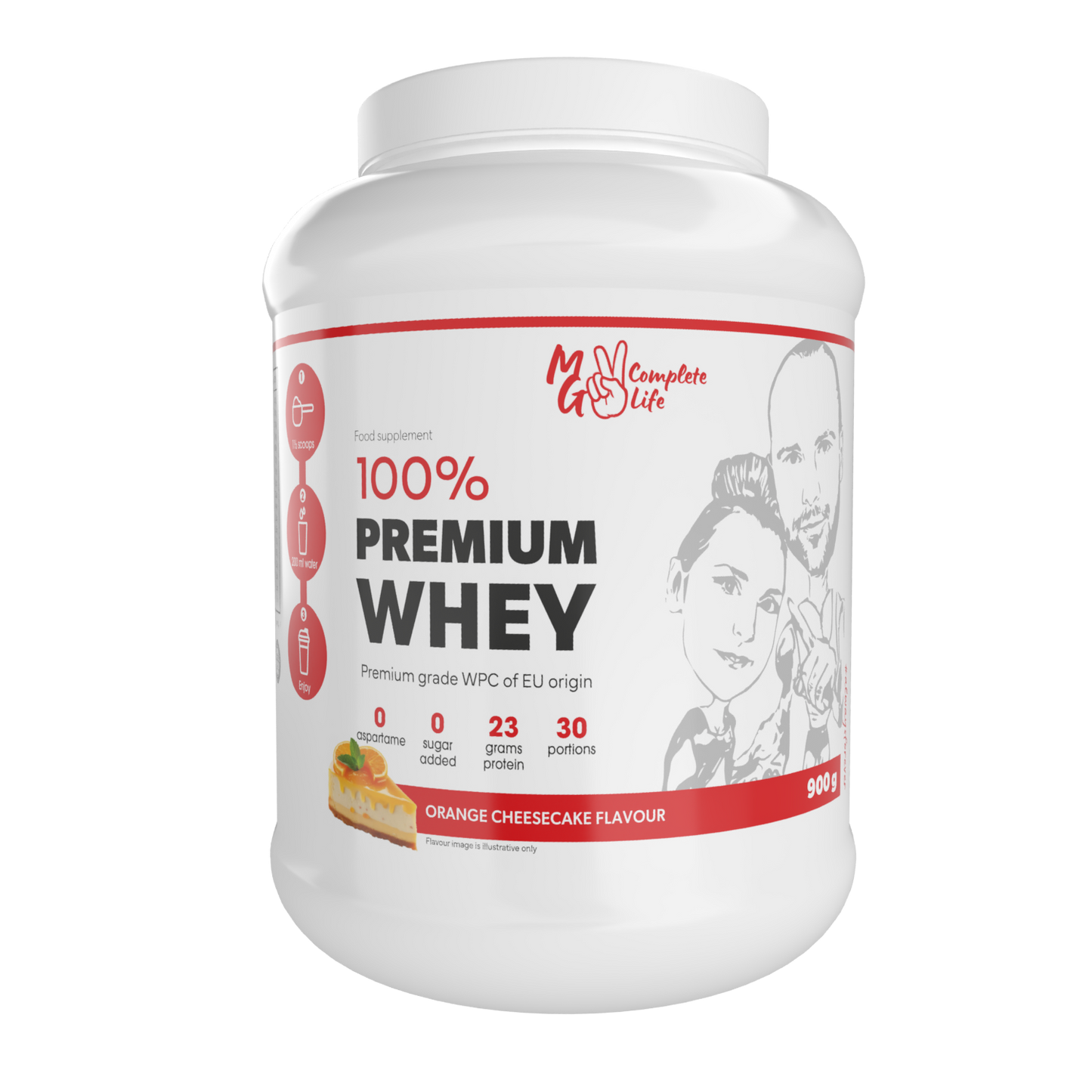 MG Complete Life Whey Protein 900g Orange Cheesecake flavour - product label