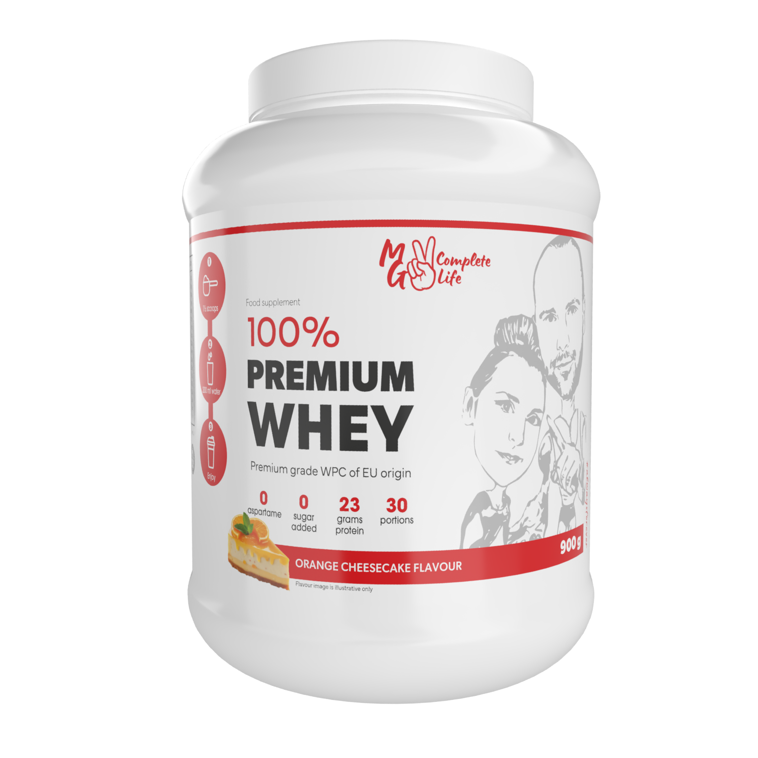 MG Complete Life Whey Protein 900g Orange Cheesecake flavour - product label