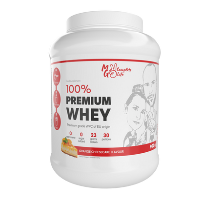 MG Complete Life Whey Protein 900g Orange Cheesecake flavour - product label