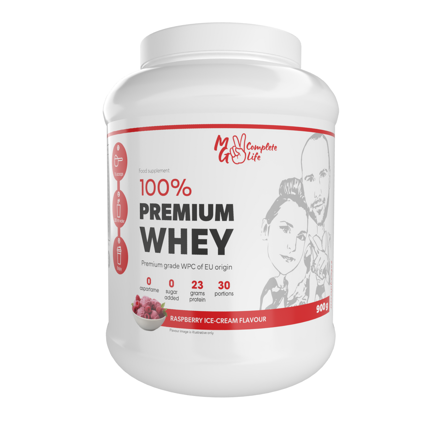 A container of 100% Premium Whey Protein in chocolate flavour, with a graphic of a person lifting weights and surrounded by chocolate pieces.