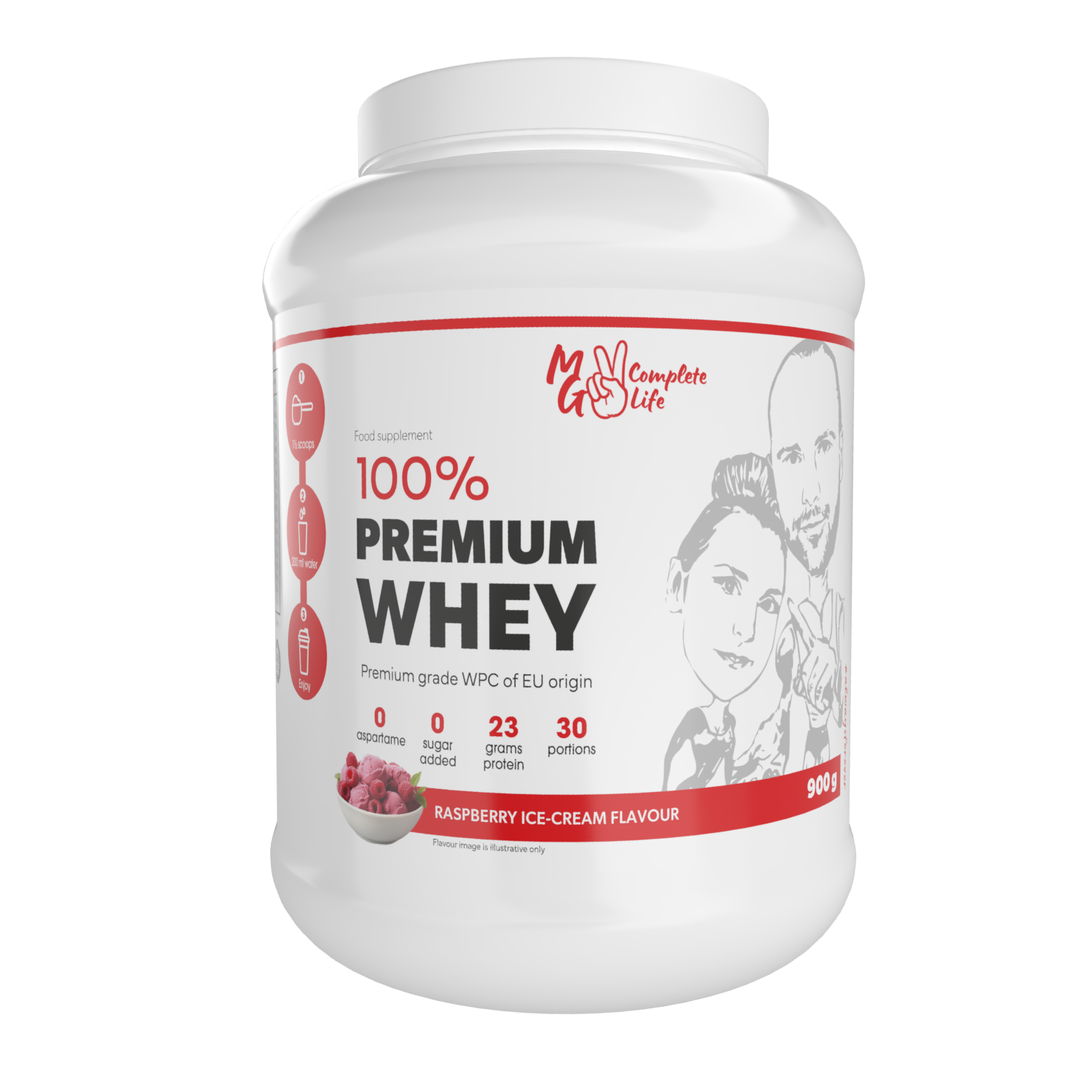 A container of 100% Premium Whey Protein in chocolate flavour, with a graphic of a person lifting weights and surrounded by chocolate pieces.