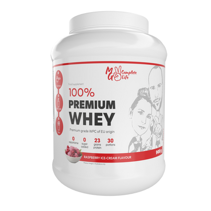 A container of 100% Premium Whey Protein in chocolate flavour, with a graphic of a person lifting weights and surrounded by chocolate pieces.