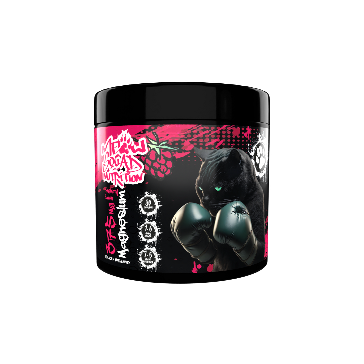 Supplement container with black panther design and colorful text on a white background
