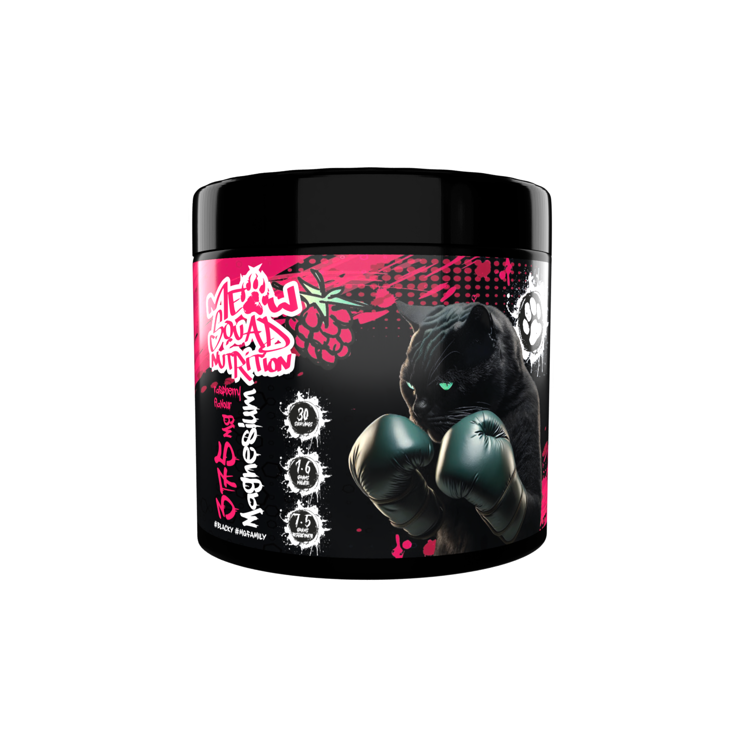Supplement container with black panther design and colorful text on a white background