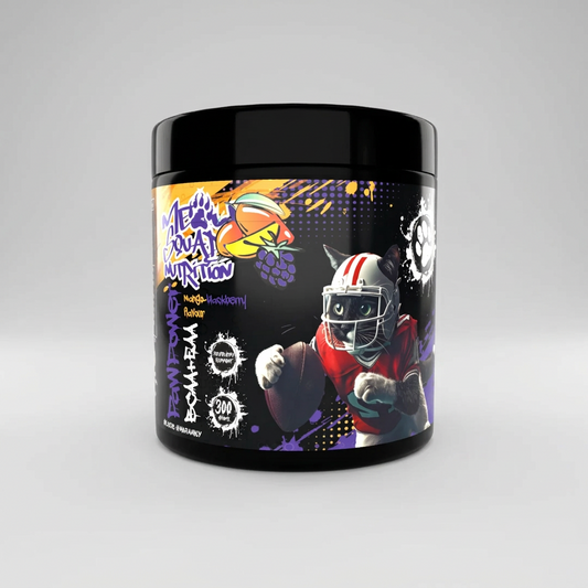A container of PAWPOWER BCAA+EAA amino acid supplement with a graphic of a cartoon cat in a superhero costume and surrounding athletic symbols.