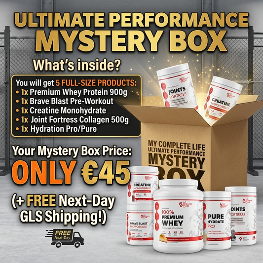 Advertisement for a 'Ultimate Performance Mystery Box' with health supplement products and packaging details.