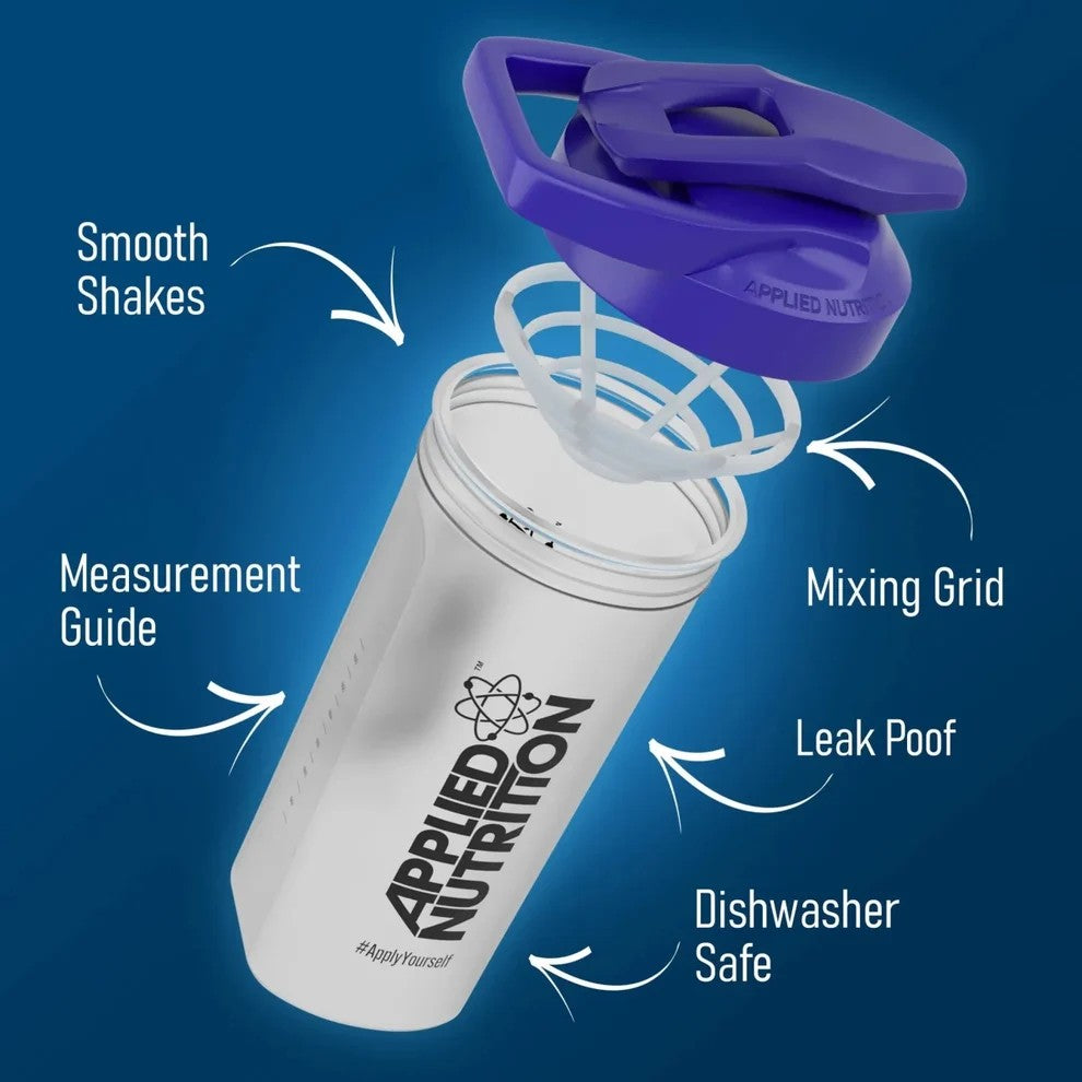 Shaker bottle with purple top and white body, featuring Applied Nutrition branding on a blue background.