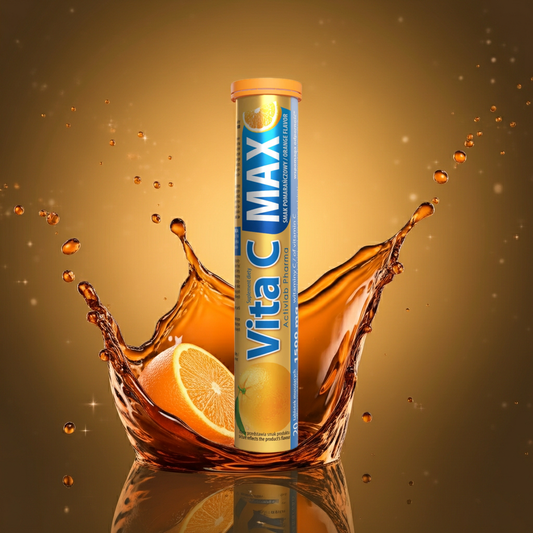 Vita C Max supplement tube with an orange and water splash on a gold background