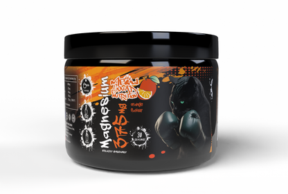 Black container with a label featuring a panther and text on a white background
