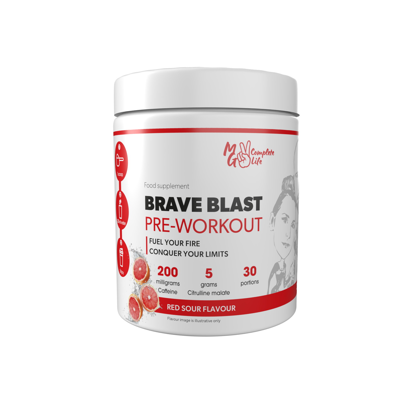 Container of MG Complete Life Brave Blast Pre Workout in red sour flavor with 200mg of caffeine per serving, designed for strength and endurance training.