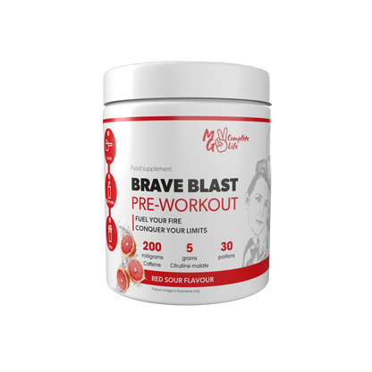 Container of MG Complete Life Brave Blast Pre Workout in red sour flavor with 200mg of caffeine per serving, designed for strength and endurance training.