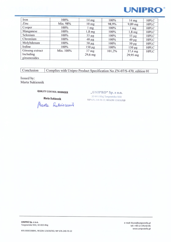 UNIPRO product specification document with text and signature