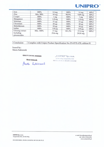 UNIPRO product specification document with text and signature