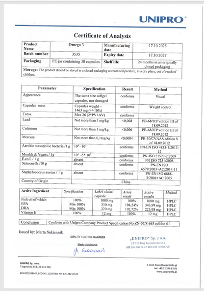 UNIPRO certificate of analysis for Omega 3 capsules with specifications and results.
