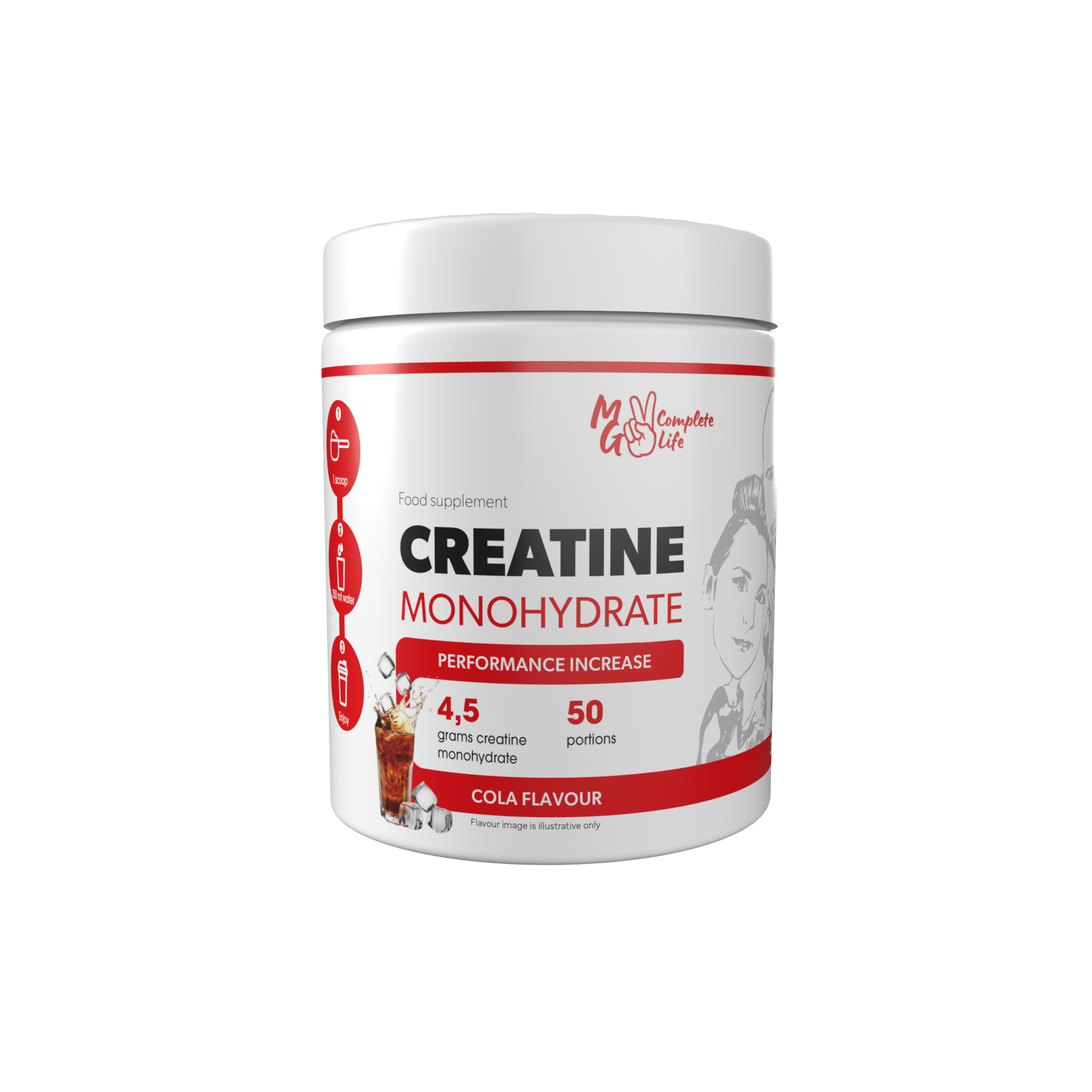 A container of Creatine Monohydrate powder with the label showing the product name and flavor (Cola). The container is white with red and black text and an image of a person working out.