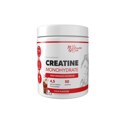 A container of Creatine Monohydrate powder with the label showing the product name and flavor (Cola). The container is white with red and black text and an image of a person working out.