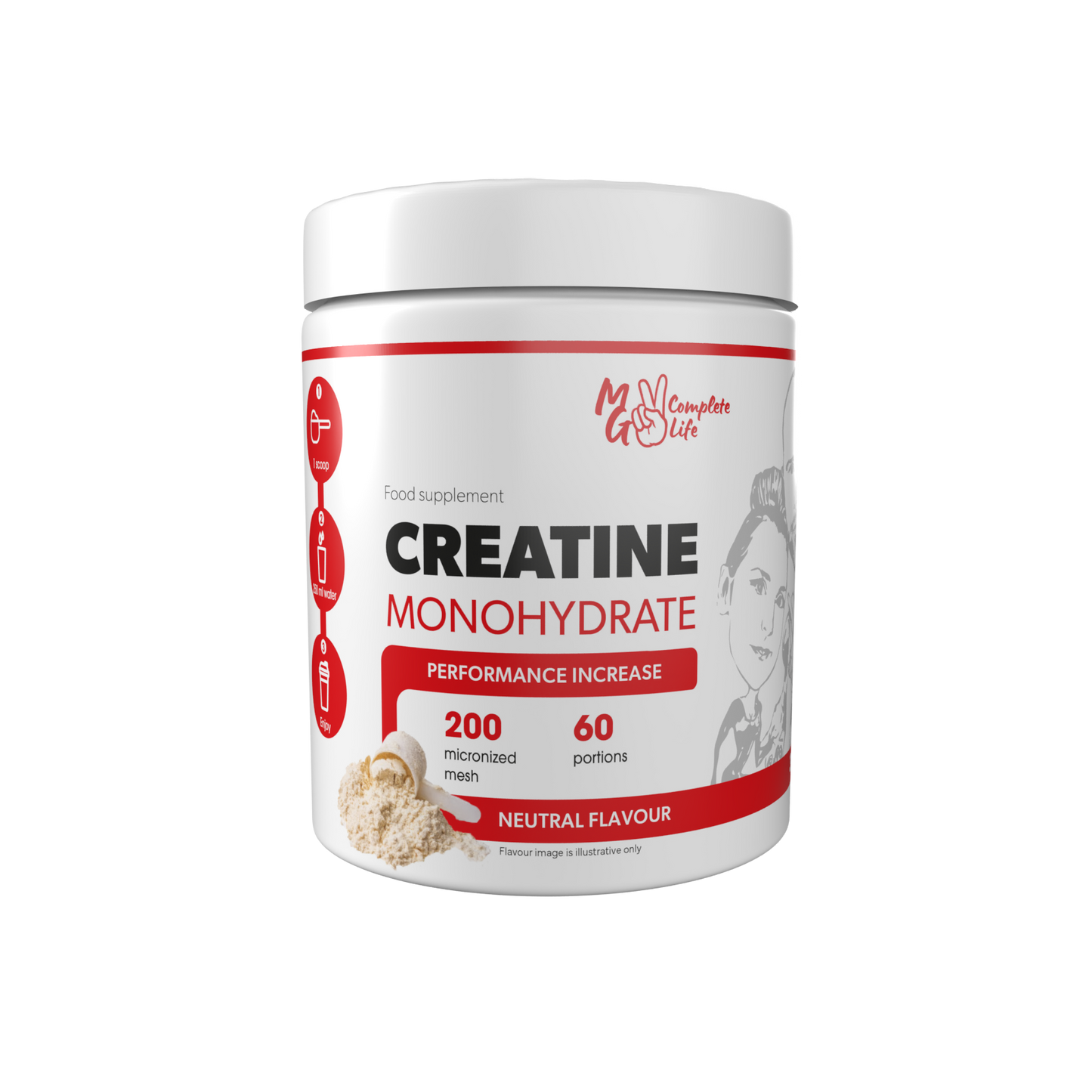 A container of Creatine Monohydrate powder with the label showing the product name and flavor (Cola). The container is white with red and black text and an image of a person working out.