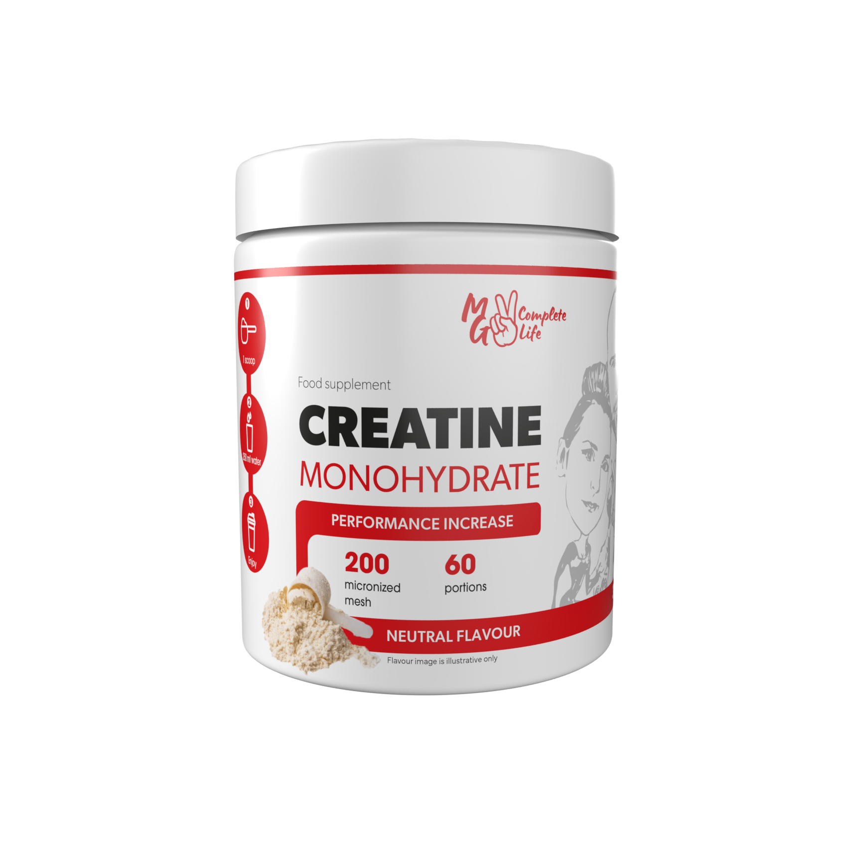 A container of Creatine Monohydrate powder with the label showing the product name and flavor (Cola). The container is white with red and black text and an image of a person working out.