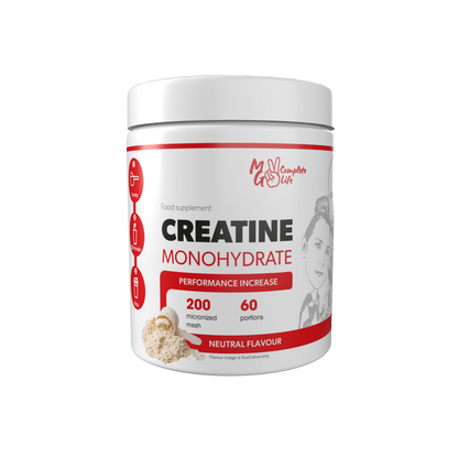 A container of Creatine Monohydrate powder with the label showing the product name and flavor (Cola). The container is white with red and black text and an image of a person working out.