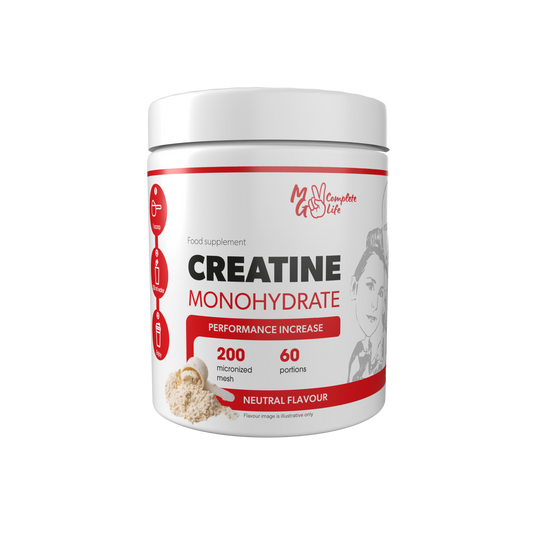 A container of Creatine Monohydrate powder with the label showing the product name and flavor (Cola). The container is white with red and black text and an image of a person working out.