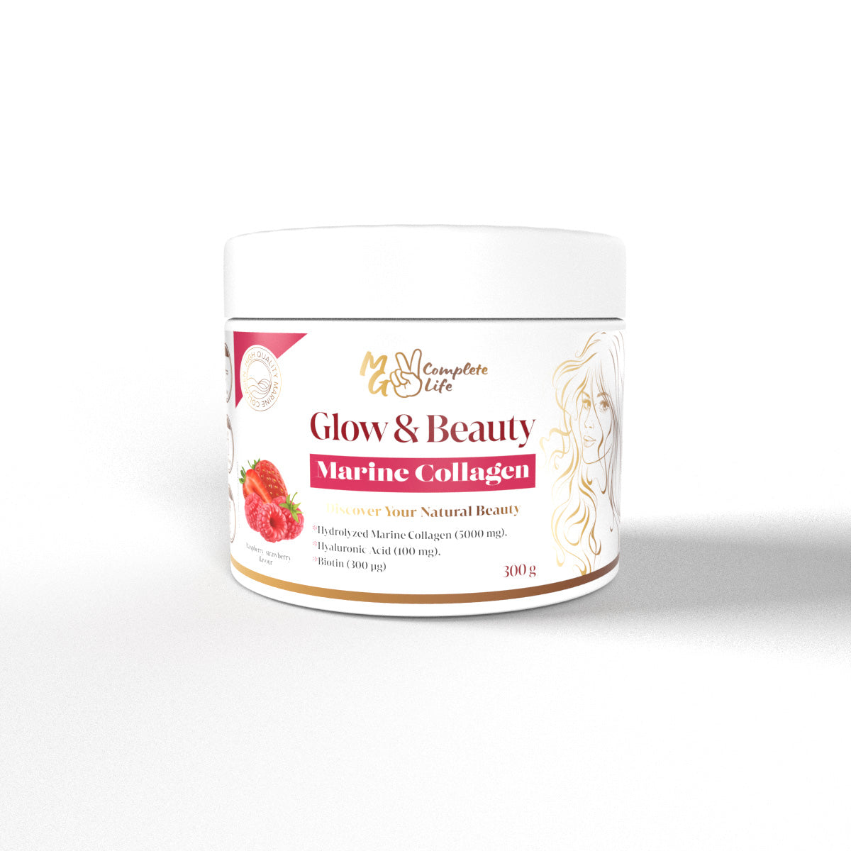 A container of Glow & Beauty Marine Collagen, 300g, with a white background, featuring an image of a strawberry and some decorative elements.