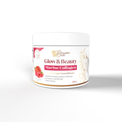 A container of Glow & Beauty Marine Collagen, 300g, with a white background, featuring an image of a strawberry and some decorative elements.