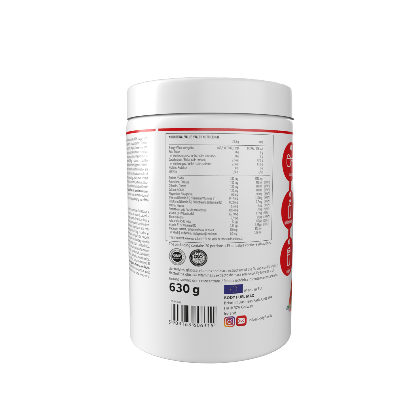 Hydrate Pro 630g watermelon nutrition facts back label