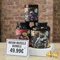 Four supplement jars with animal-themed labels on a table against a brick wall background, with a sign indicating 'MEOW MUSCLE BUNDLE' and price.
