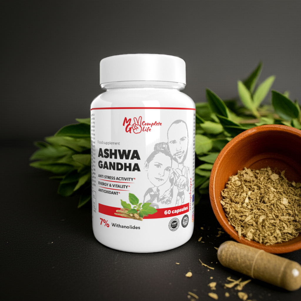 Bottle of Ashwa Gandha supplement with a bowl of herbs and a capsule on a dark background