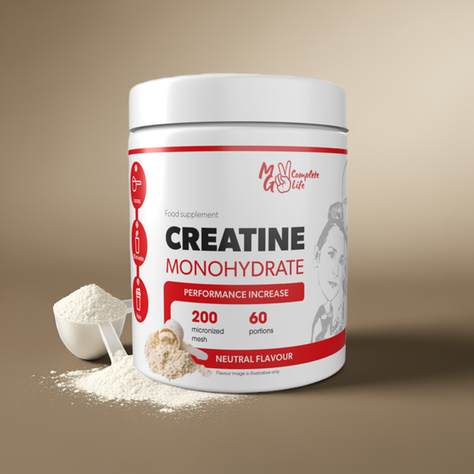 Creatine monohydrate supplement container with powder and scoop on a beige background