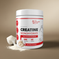 Creatine monohydrate supplement container with powder and scoop on a beige background