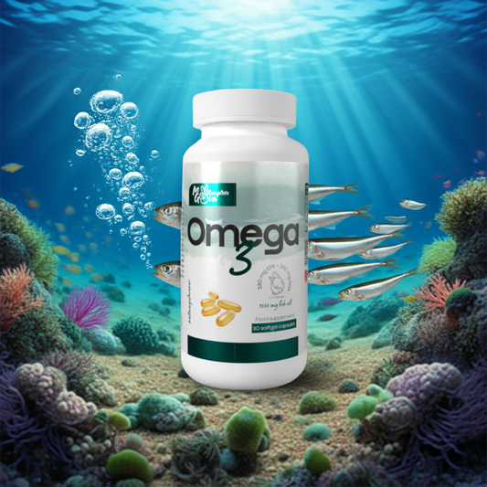 Omega-3 supplement bottle with an underwater scene featuring fish and coral.