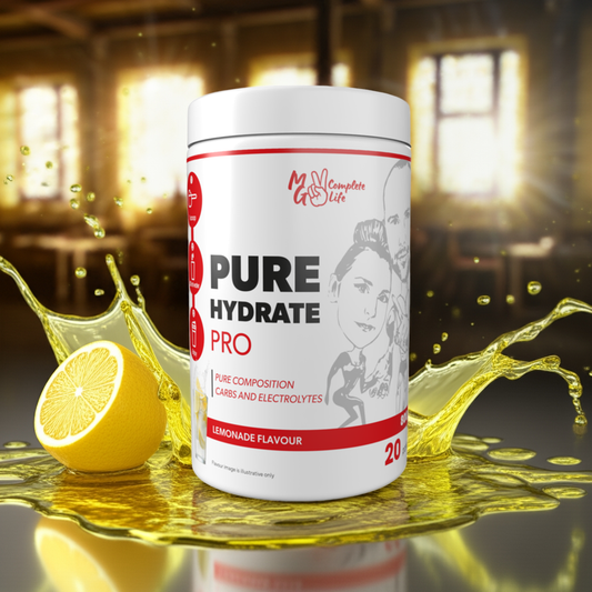 Container of 'Pure Hydrate Pro' with lemon on a reflective surface