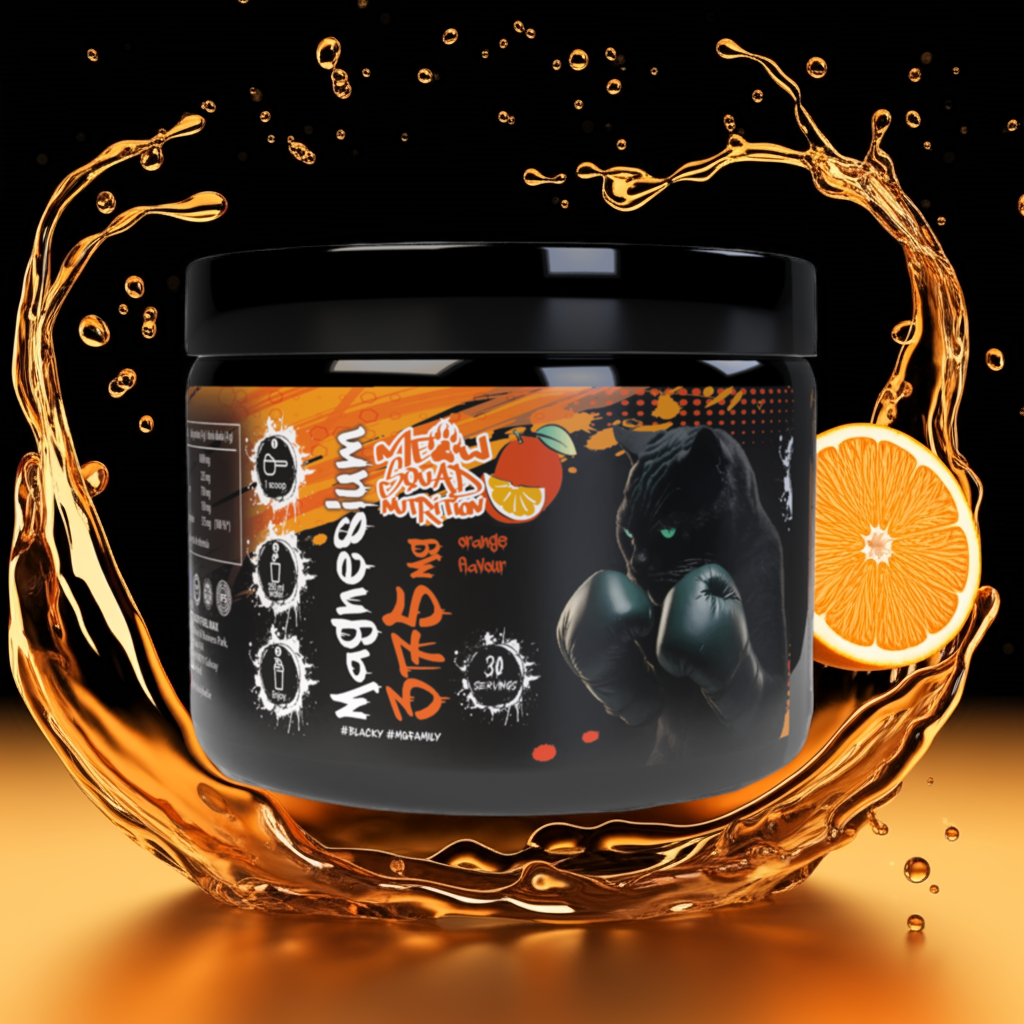 Black container with orange label featuring a panther design, surrounded by orange slices and liquid splashes on a dark background.