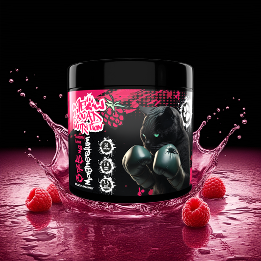 Supplement jar with a black cat design and raspberries on a dark background