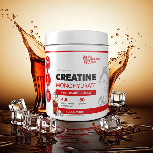 MG Complete Life Creatine Monohydrate Neutral 300g cola flavour tube , next to ice rocks