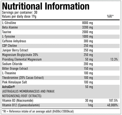 Per4m Pre nutritional panel listing ingredients and amounts per 19g serving