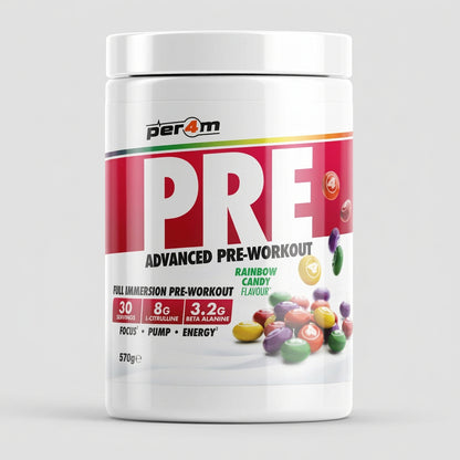 A white plastic tub of Per4m Pre Advanced Pre-Workout in Rainbow Candy Flavour, featuring a red and white label with candy graphics, set against a solid black background.