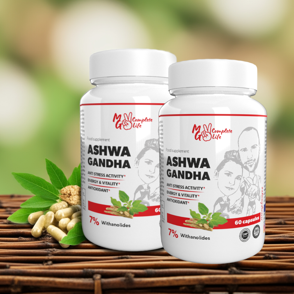 Two bottles of Ashwa Gandha supplement on a wooden surface with green leaves and capsules.
