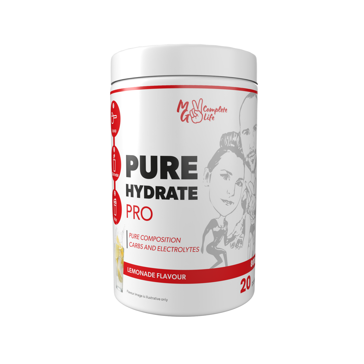 A container of Pure Hydrate Pro by MG Complete Life with lemonade flavor, designed for hydration and performance support, free from artificial additives.