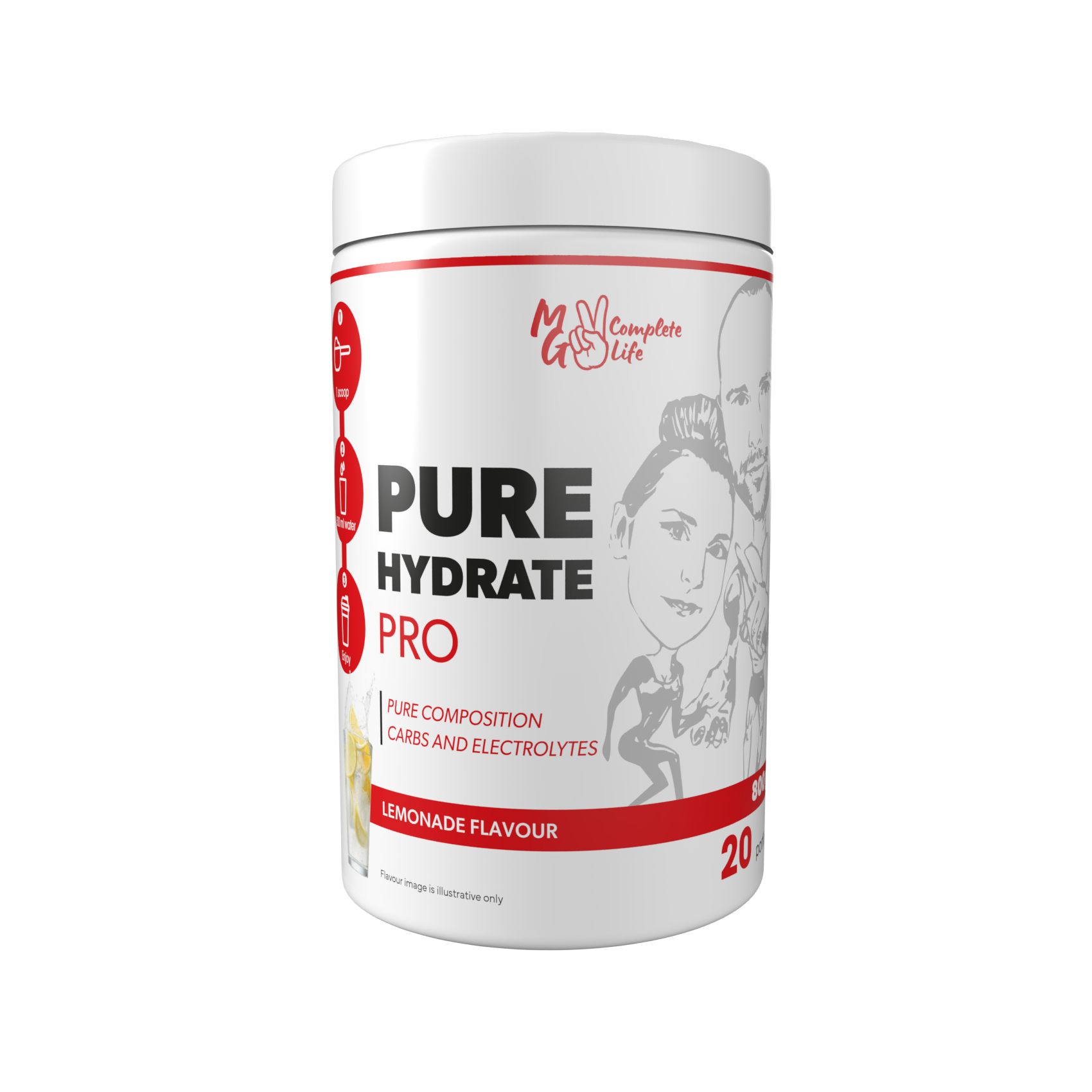A container of Pure Hydrate Pro by MG Complete Life with lemonade flavor, designed for hydration and performance support, free from artificial additives.