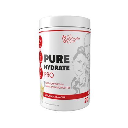 A container of Pure Hydrate Pro by MG Complete Life with lemonade flavor, designed for hydration and performance support, free from artificial additives.