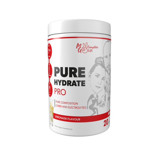 A container of Pure Hydrate Pro by MG Complete Life with lemonade flavor, designed for hydration and performance support, free from artificial additives.