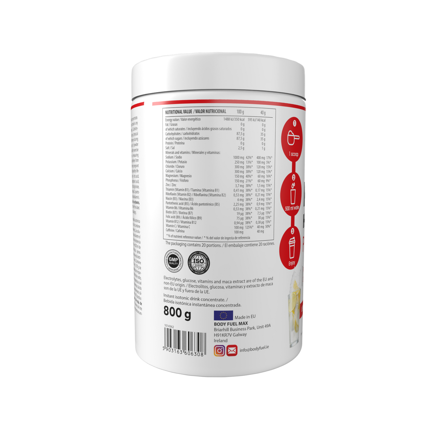 Pure Hydrate Pro 800g lemonade flavour electrolyte powder back label