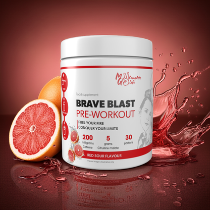 MG Complete Life Brave Blast Pre-Workout 330g red sour flavour supplement